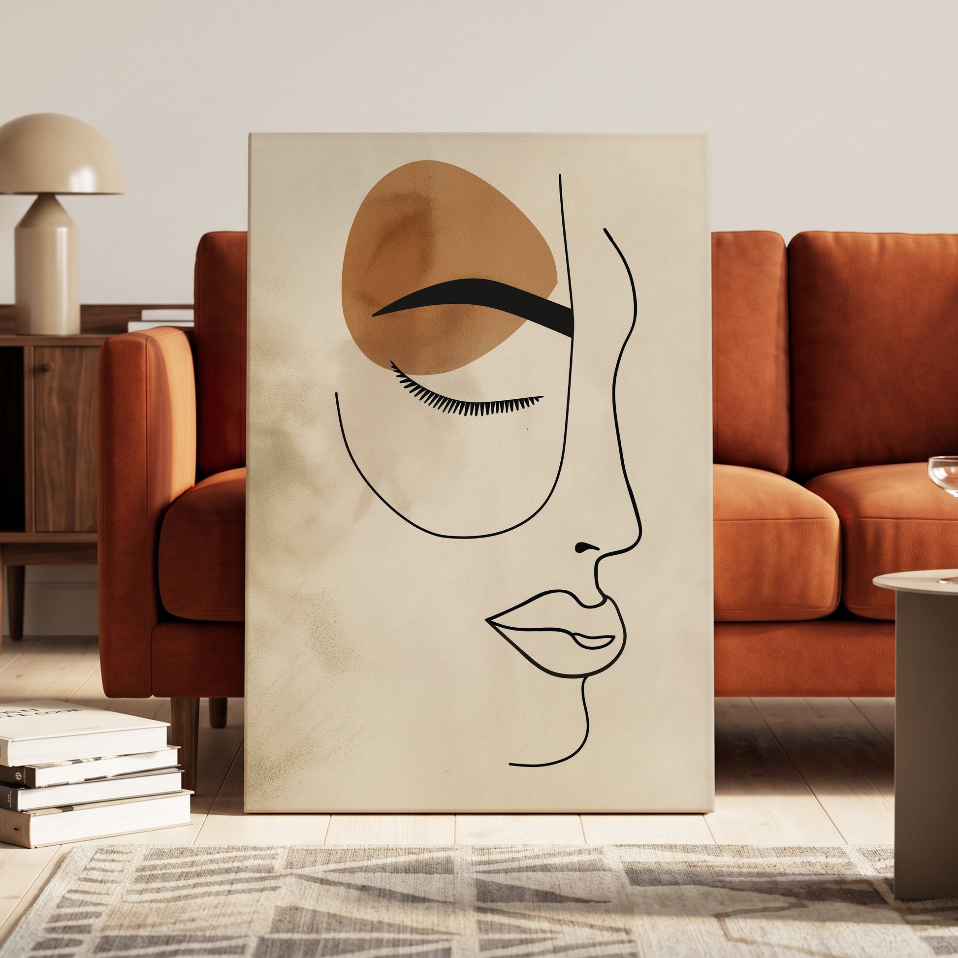 Sepia Daydream, black, beige, brown minimalist wall art on canvas displayed in a styled interior, gallery view 1
