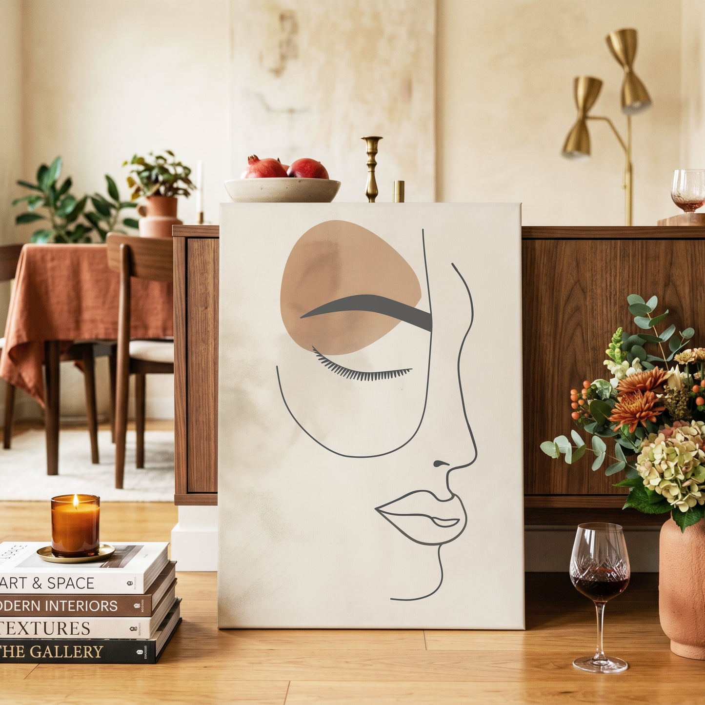 Sepia Daydream, black, beige, brown minimalist wall art on canvas displayed in a styled interior, gallery view 2