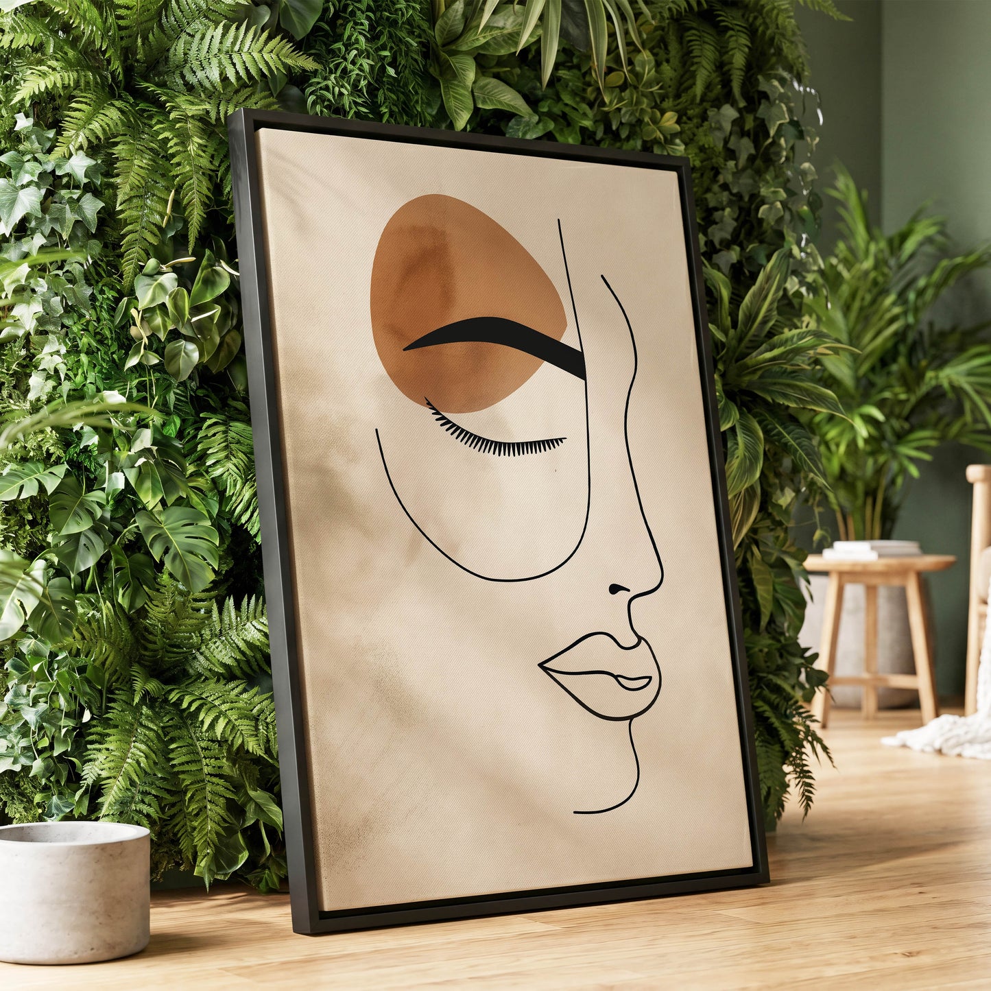Sepia Daydream, black, beige, brown minimalist wall art displayed in a styled interior, gallery view 1