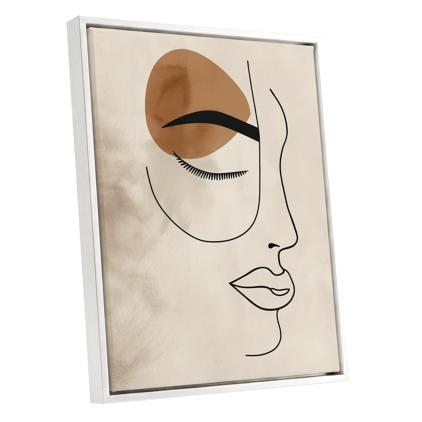 Sepia Daydream, black, beige, brown minimalist wall art shown as a white framed canvas wall art