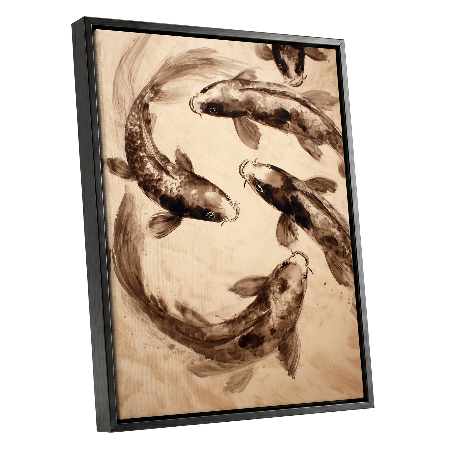 Sepia Koi Current, beige, brown, black nature wall art shown as a black framed canvas wall art