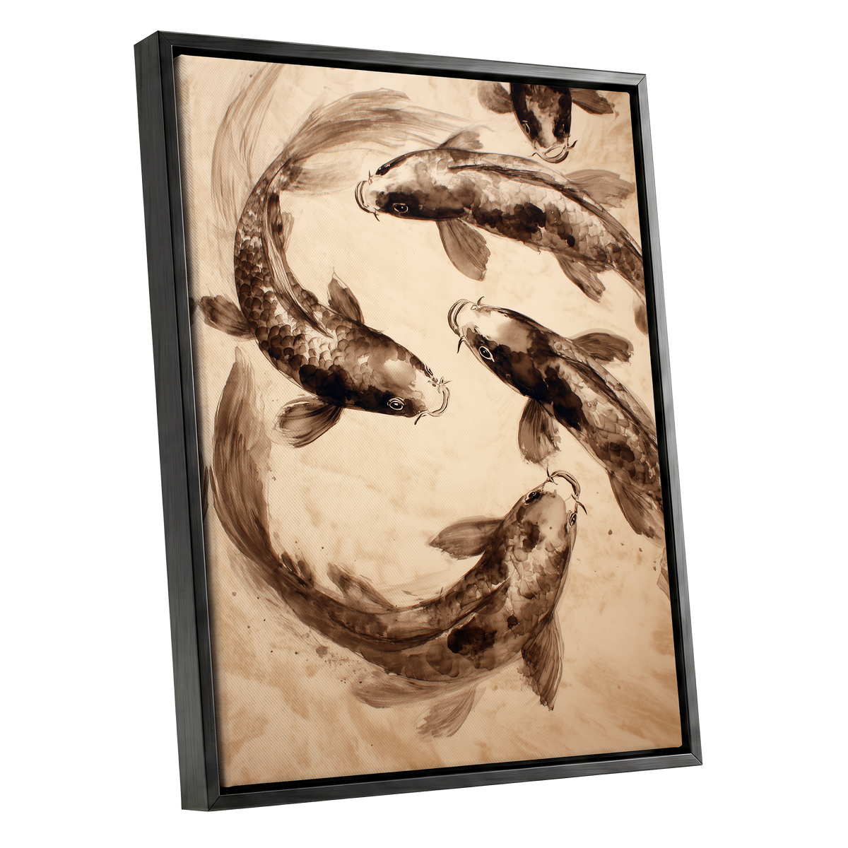 Sepia Koi Current, beige, brown, black nature wall art shown as a black framed canvas wall art