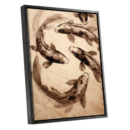 Sepia Koi Current, beige, brown, black nature wall art shown as a black framed canvas wall art