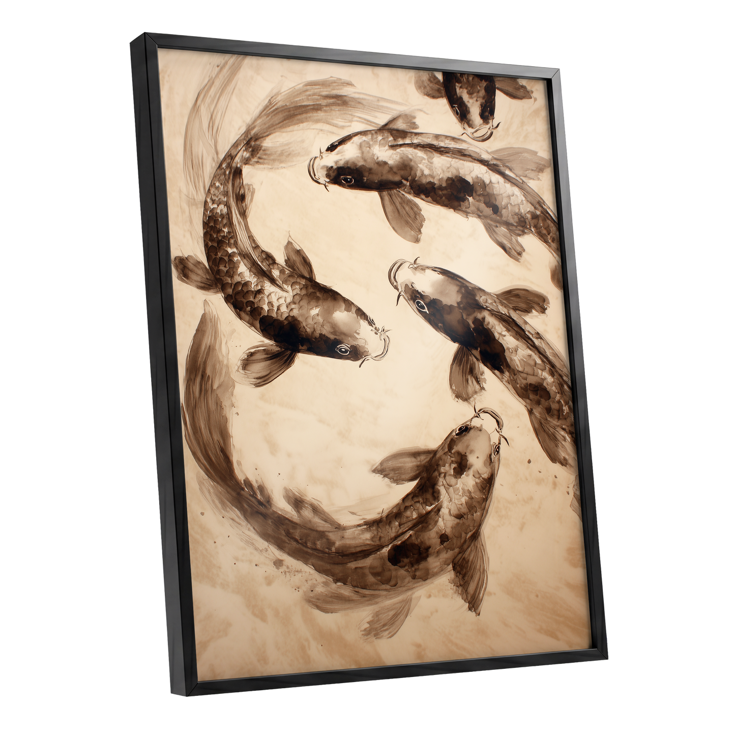 Sepia Koi Current, beige, brown, black nature wall art shown as a black framed poster wall art print
