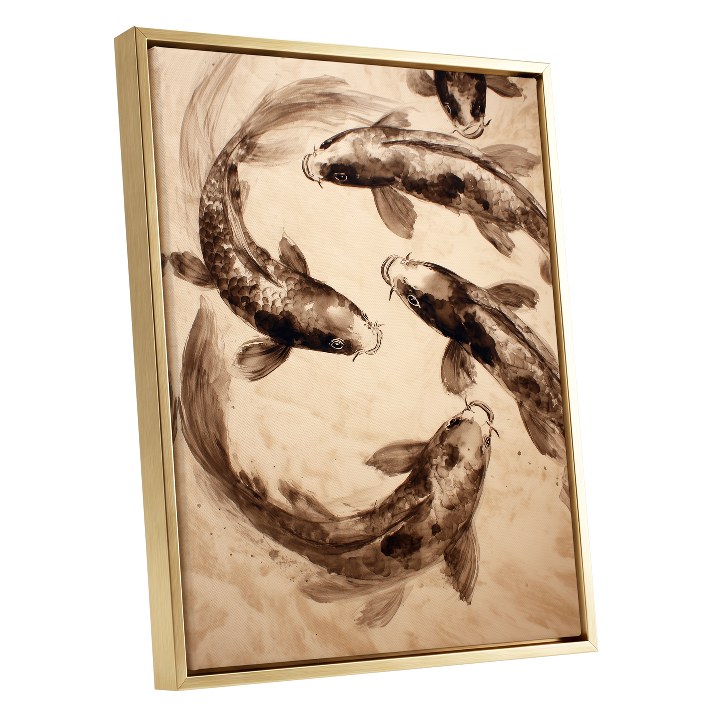 Sepia Koi Current, beige, brown, black nature wall art shown as a gold framed canvas wall art