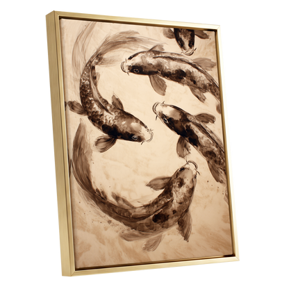 Sepia Koi Current, beige, brown, black nature wall art shown as a gold framed canvas wall art