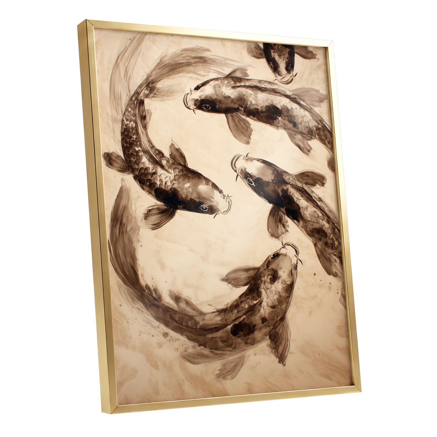 Sepia Koi Current, beige, brown, black nature wall art shown as a gold framed poster wall art print