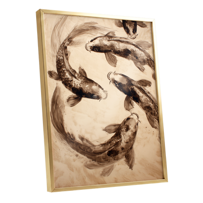 Sepia Koi Current, beige, brown, black nature wall art shown as a gold framed poster wall art print