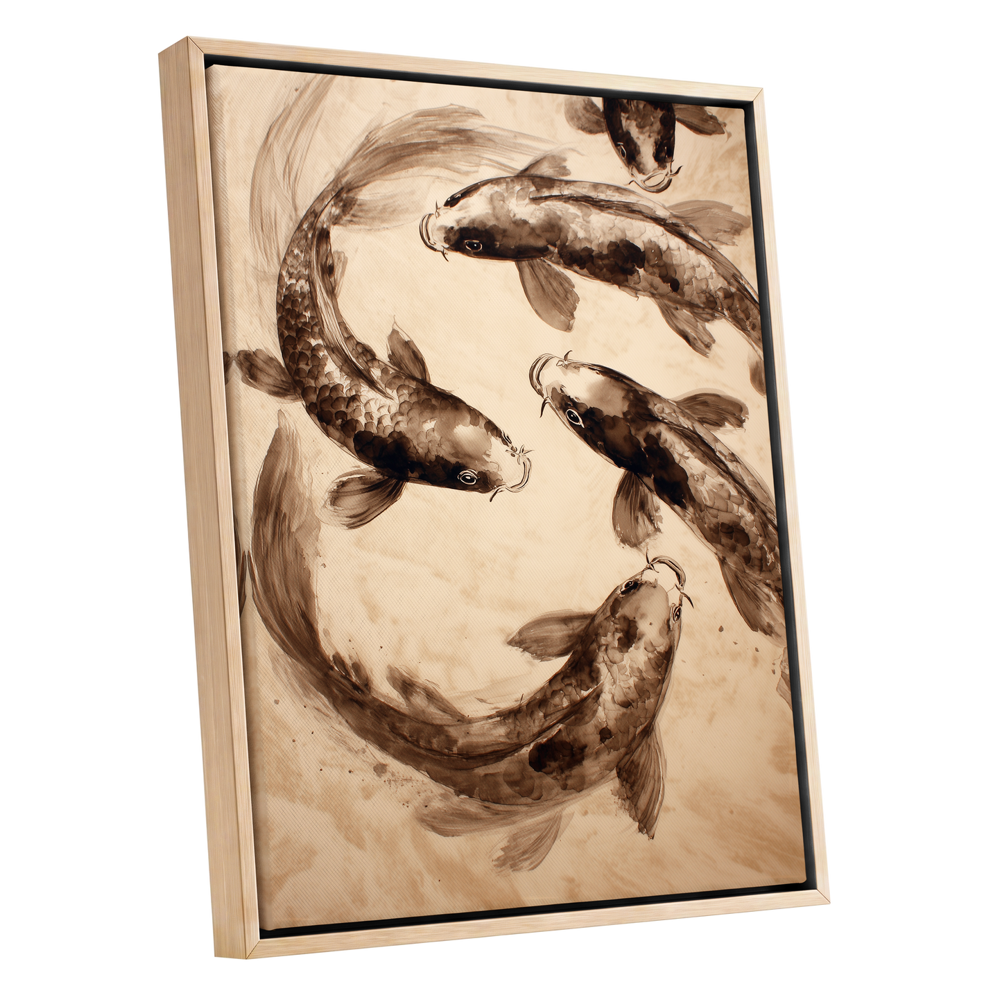 Sepia Koi Current, beige, brown, black nature wall art shown as a oak framed canvas wall art