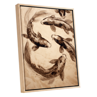 Sepia Koi Current, beige, brown, black nature wall art shown as a oak framed canvas wall art