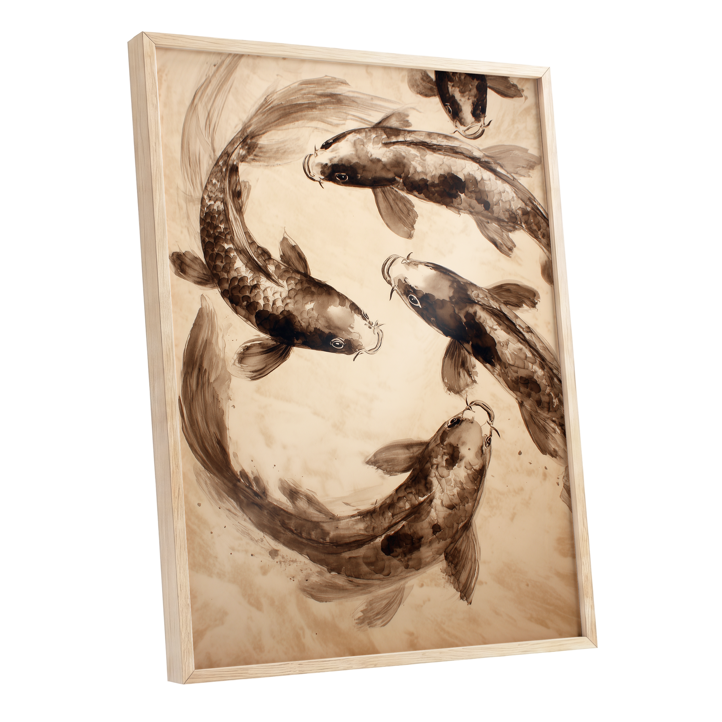 Sepia Koi Current, beige, brown, black nature wall art shown as a oak framed poster wall art print