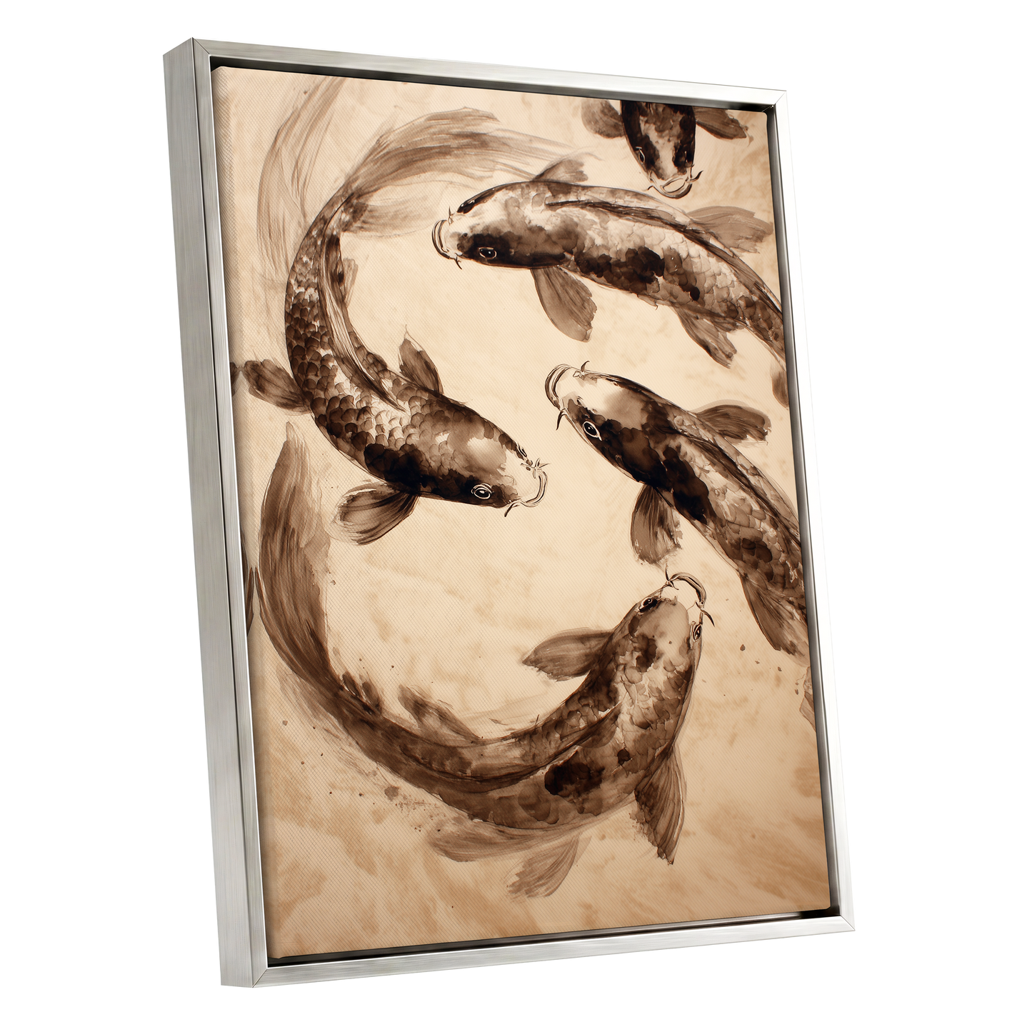 Sepia Koi Current, beige, brown, black nature wall art shown as a silver framed canvas wall art