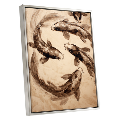 Sepia Koi Current, beige, brown, black nature wall art shown as a silver framed canvas wall art