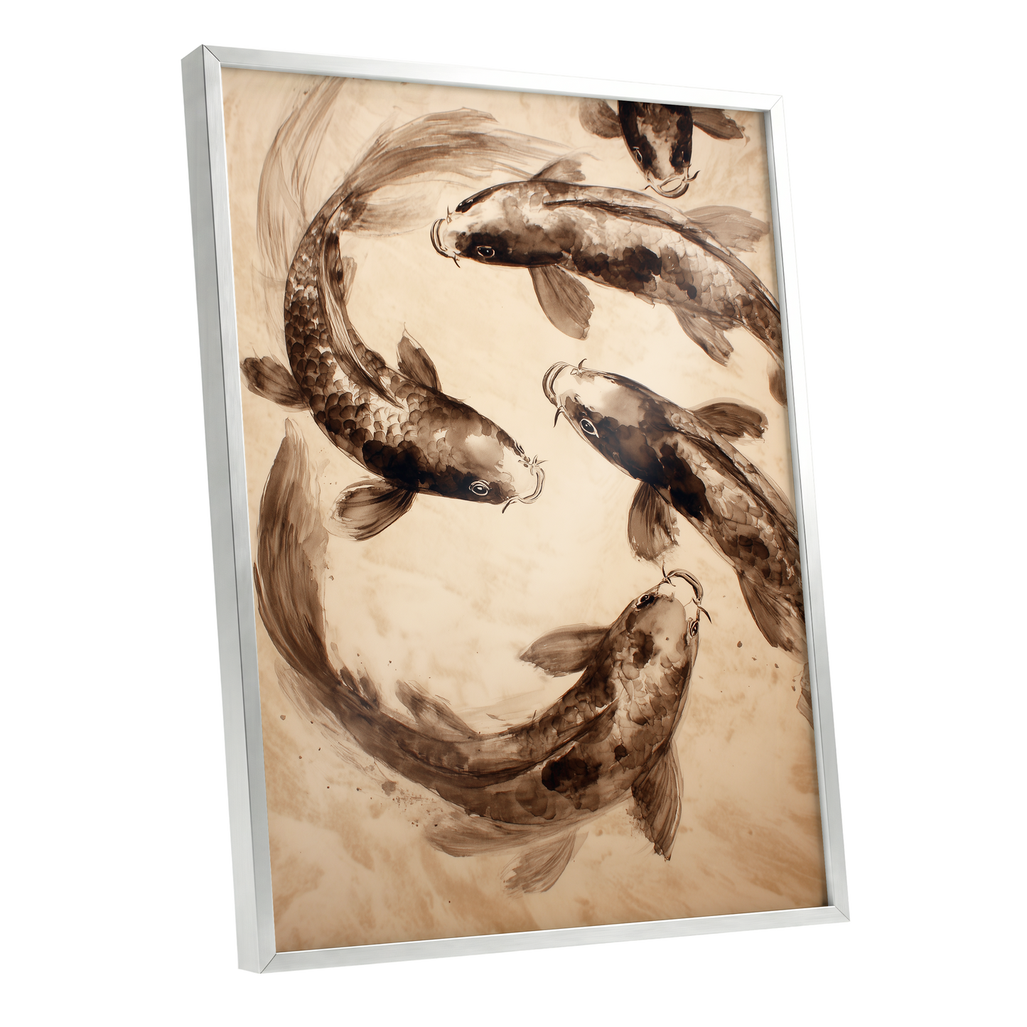 Sepia Koi Current, beige, brown, black nature wall art shown as a silver framed poster wall art print
