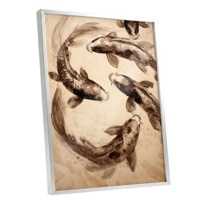 Sepia Koi Current, beige, brown, black nature wall art shown as a silver framed poster wall art print