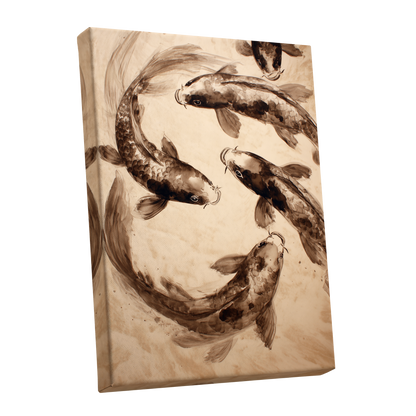Sepia Koi Current, beige, brown, black nature wall art shown as a stretched canvas wall art