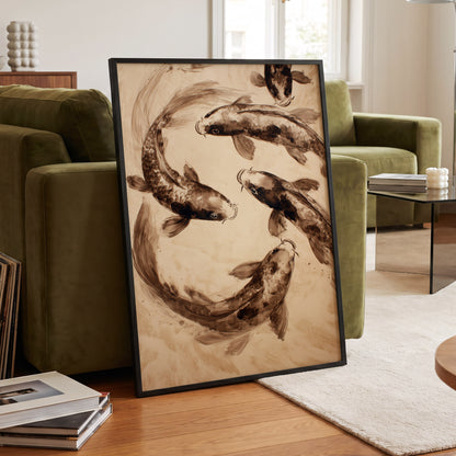 Sepia Koi Current, beige, brown, black nature wall art displayed in a styled interior, gallery view 2