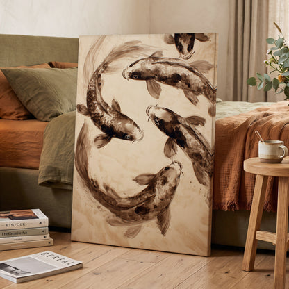 Sepia Koi Current, beige, brown, black nature wall art displayed in a styled interior, gallery view 3