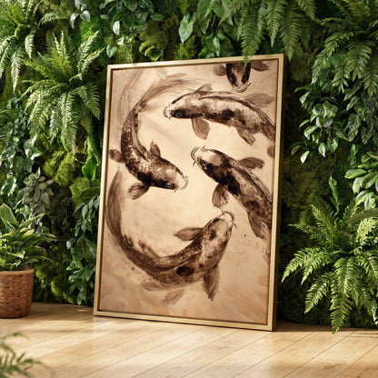 Sepia Koi Current, beige, brown, black nature wall art displayed in a styled interior, gallery view 4