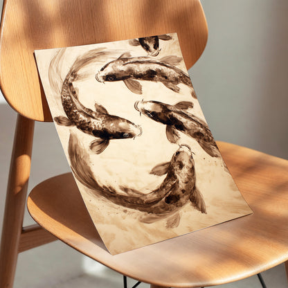Sepia Koi Current, beige, brown, black nature wall art displayed in a styled interior, gallery view 5