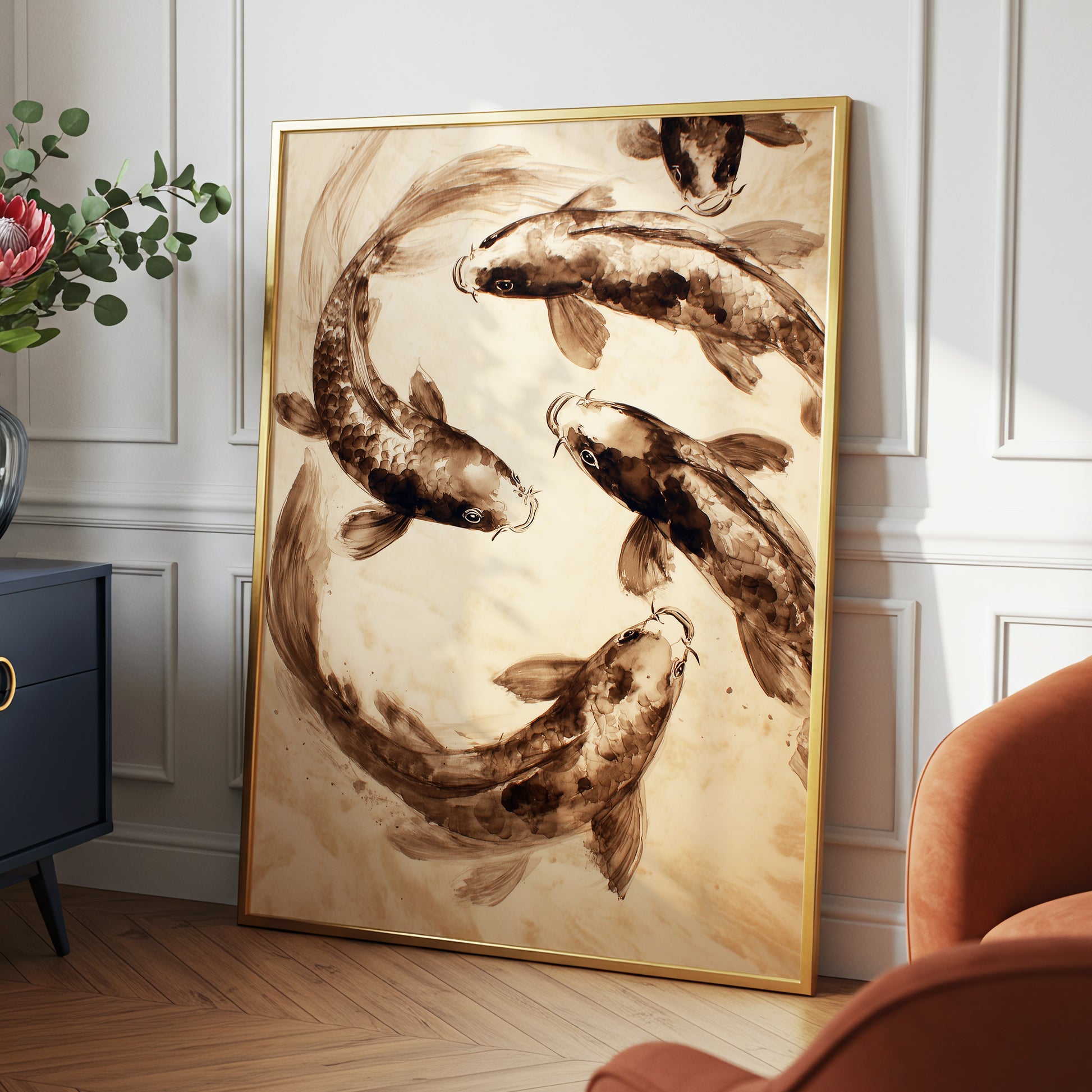 Sepia Koi Current, beige, brown, black nature wall art displayed in a styled interior, gallery view 6