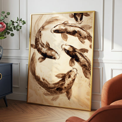 Sepia Koi Current, beige, brown, black nature wall art displayed in a styled interior, gallery view 6
