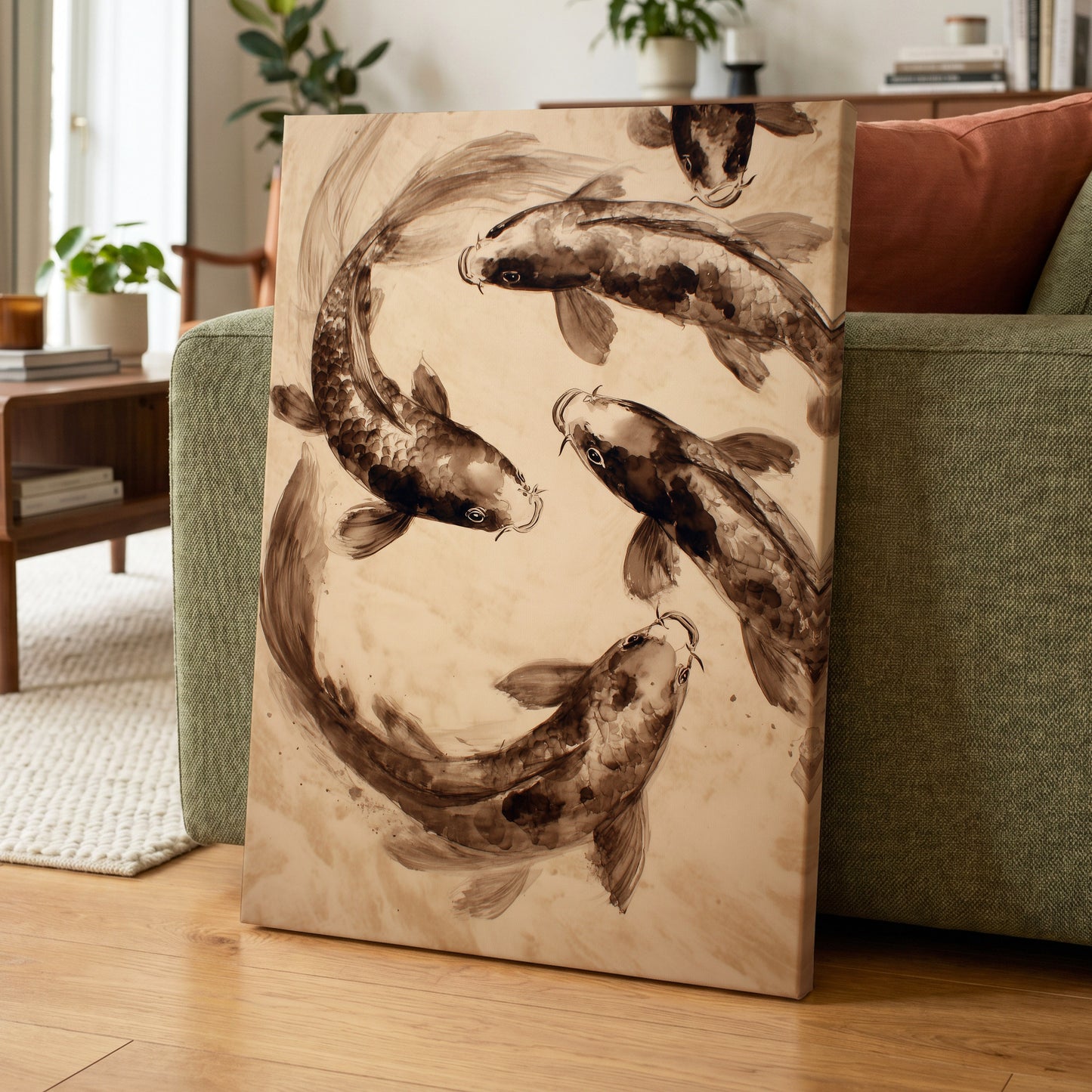 Sepia Koi Current, beige, brown, black nature wall art displayed in a styled interior, gallery view 7
