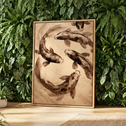 Sepia Koi Current, beige, brown, black nature wall art displayed in a styled interior, gallery view 8