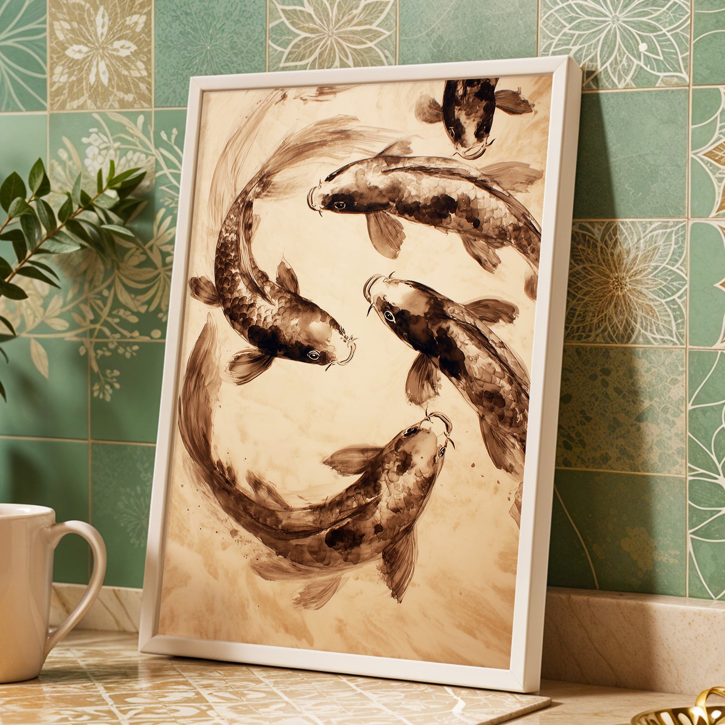 Sepia Koi Current, beige, brown, black nature wall art displayed in a styled interior, gallery view 9