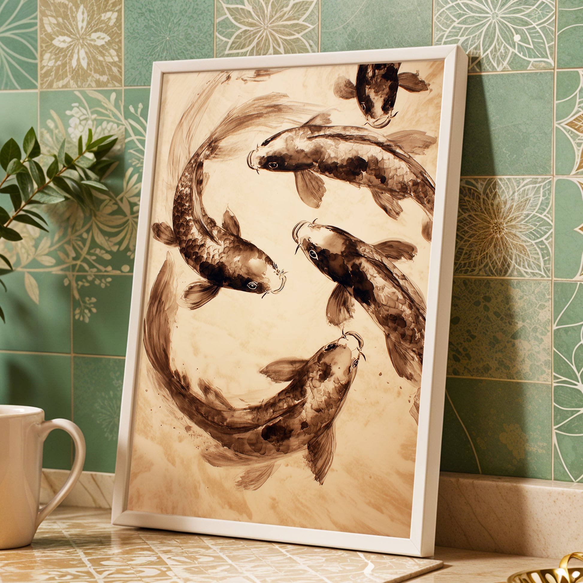 Sepia Koi Current, beige, brown, black nature wall art displayed in a styled interior, gallery view 9