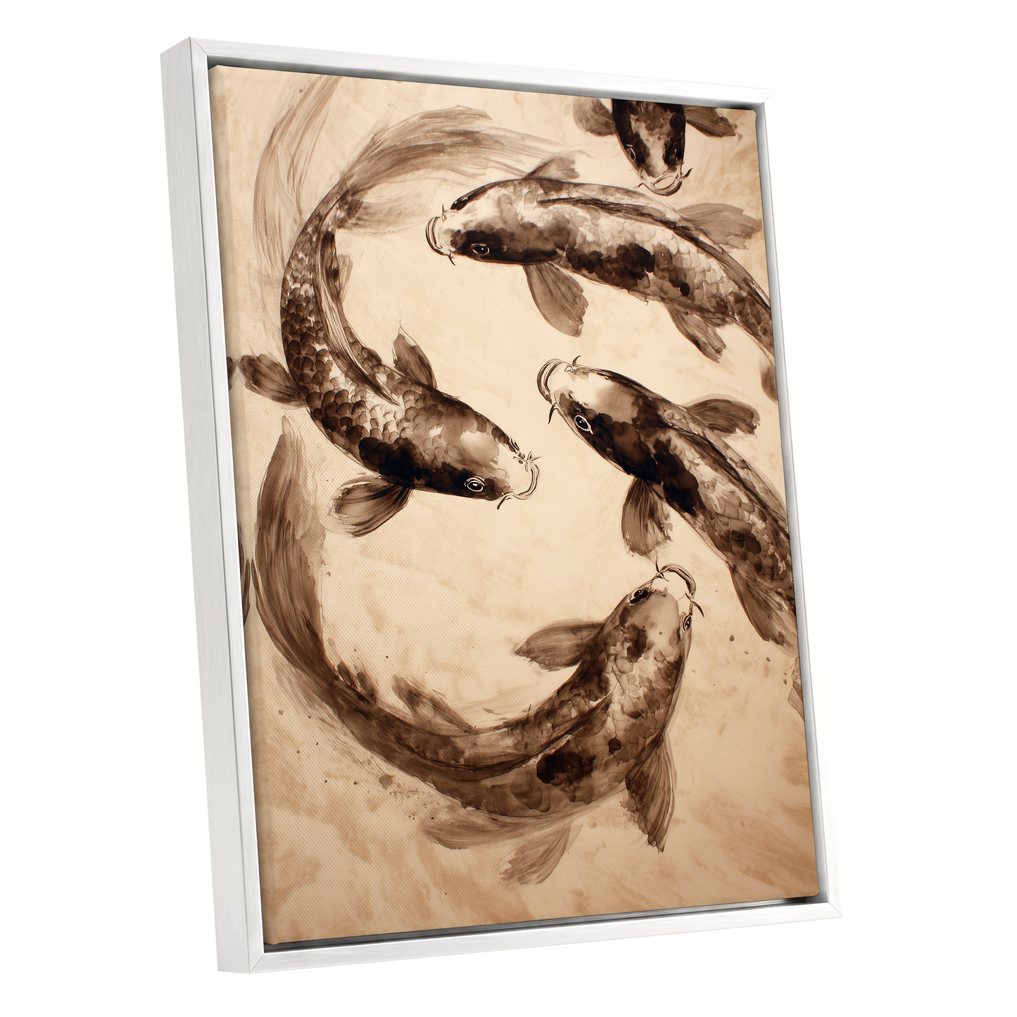 Sepia Koi Current, beige, brown, black nature wall art shown as a white framed canvas wall art