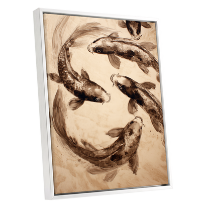 Sepia Koi Current, beige, brown, black nature wall art shown as a white framed canvas wall art