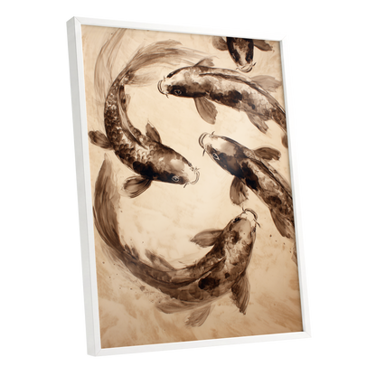 Sepia Koi Current, beige, brown, black nature wall art shown as a white framed poster wall art print