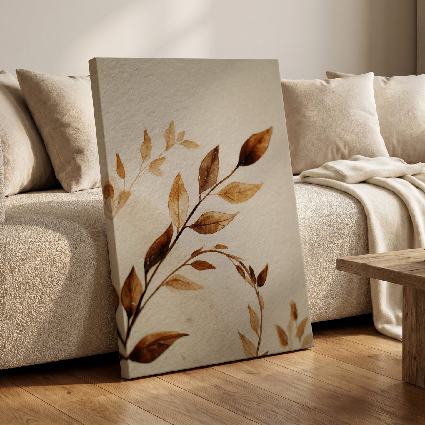 Sepia Leaf Reverie – canvas wall art in a styled interior, gallery view 1
