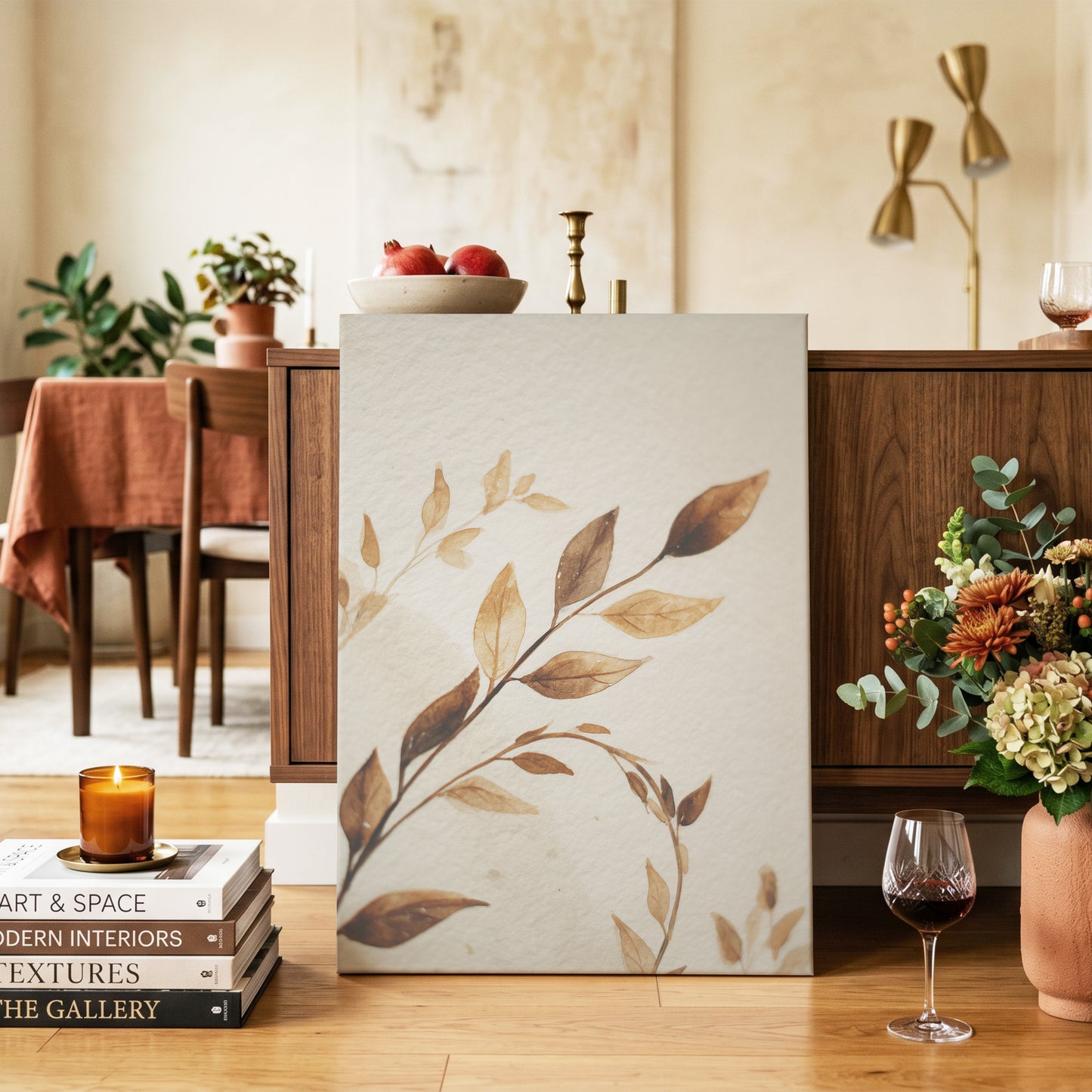 Sepia Leaf Reverie – canvas wall art in a styled interior, gallery view 2