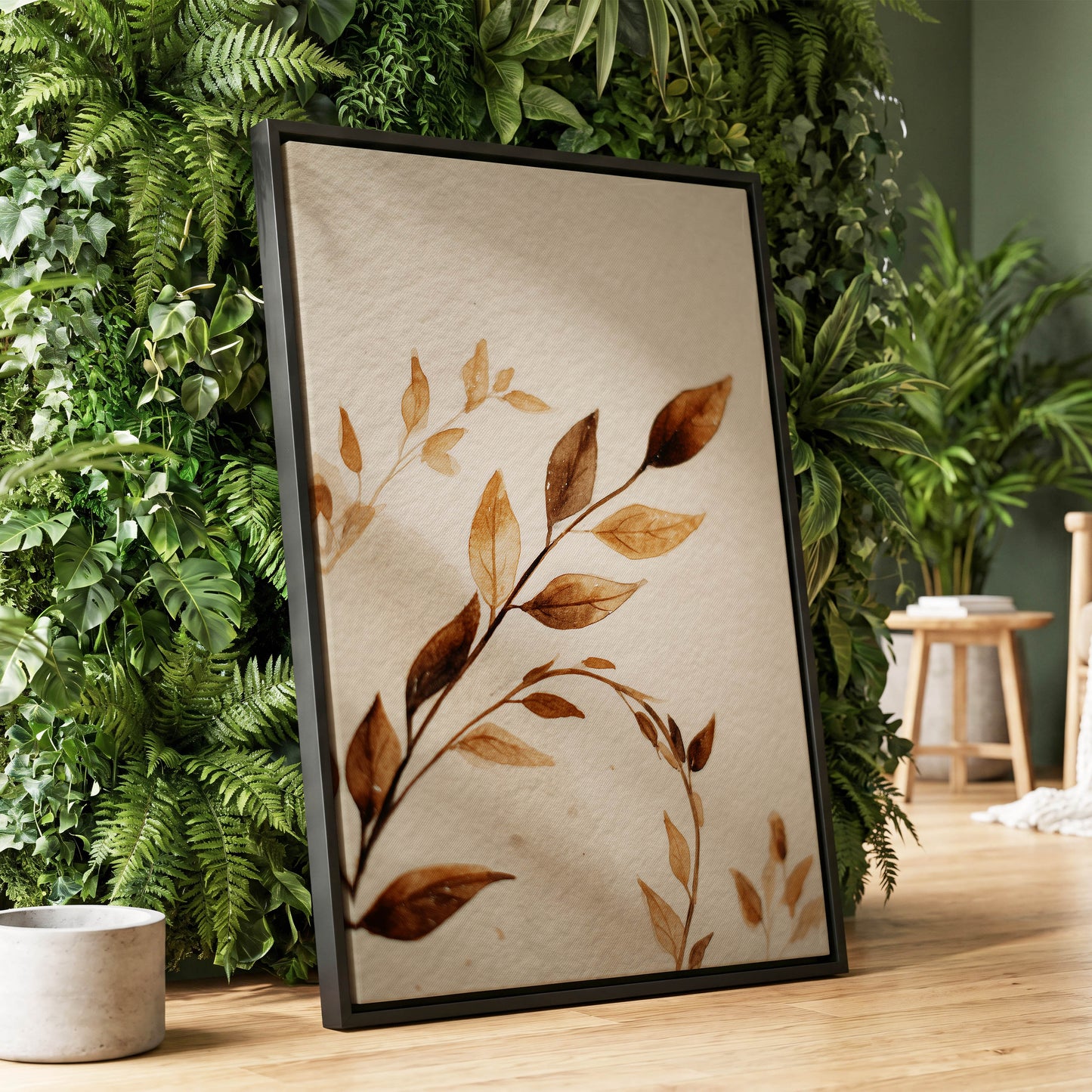 Sepia Leaf Reverie – wall art displayed in a styled interior, gallery view 1