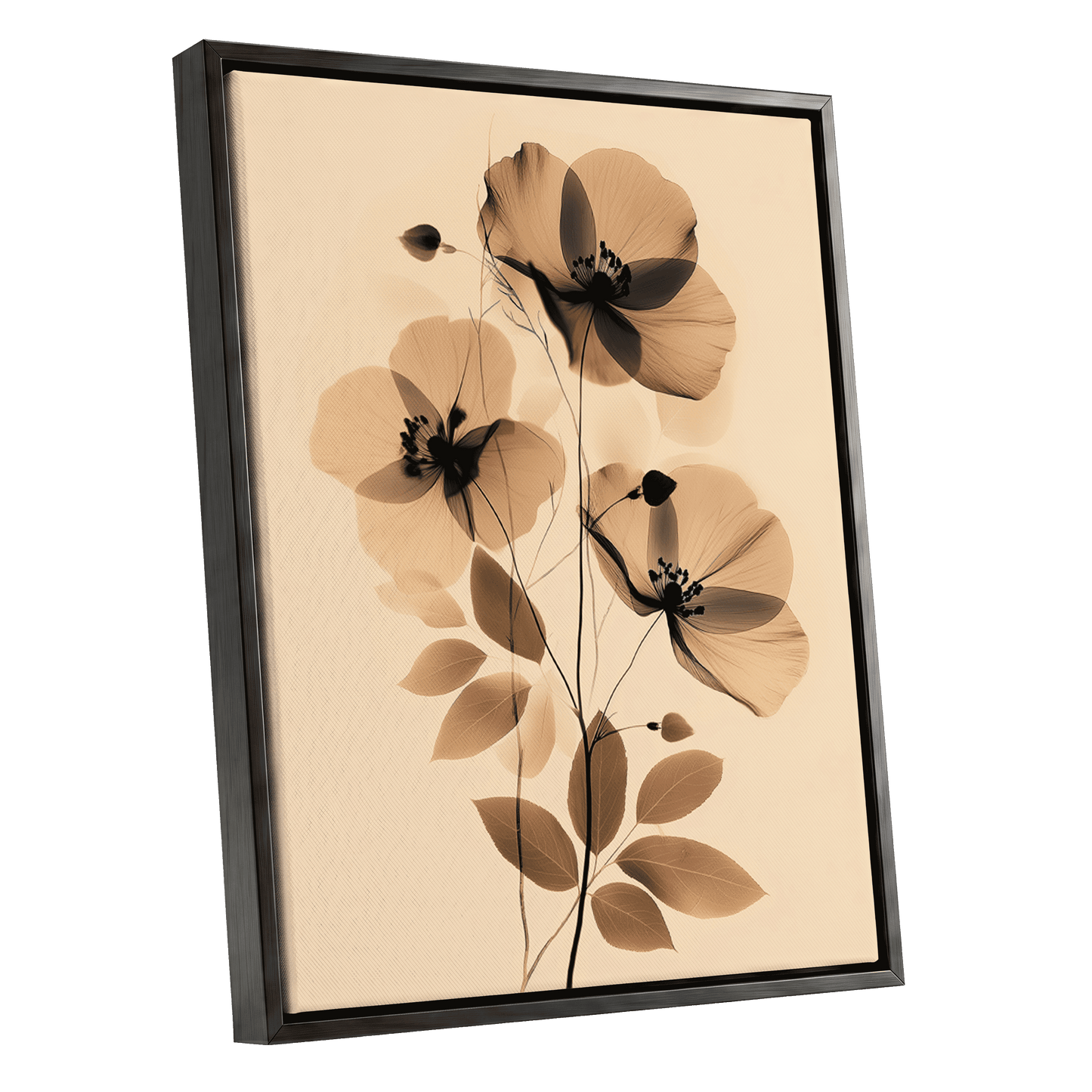 Sepia Petal Reverie, black, beige, brown floral wall art shown as a black framed canvas wall art