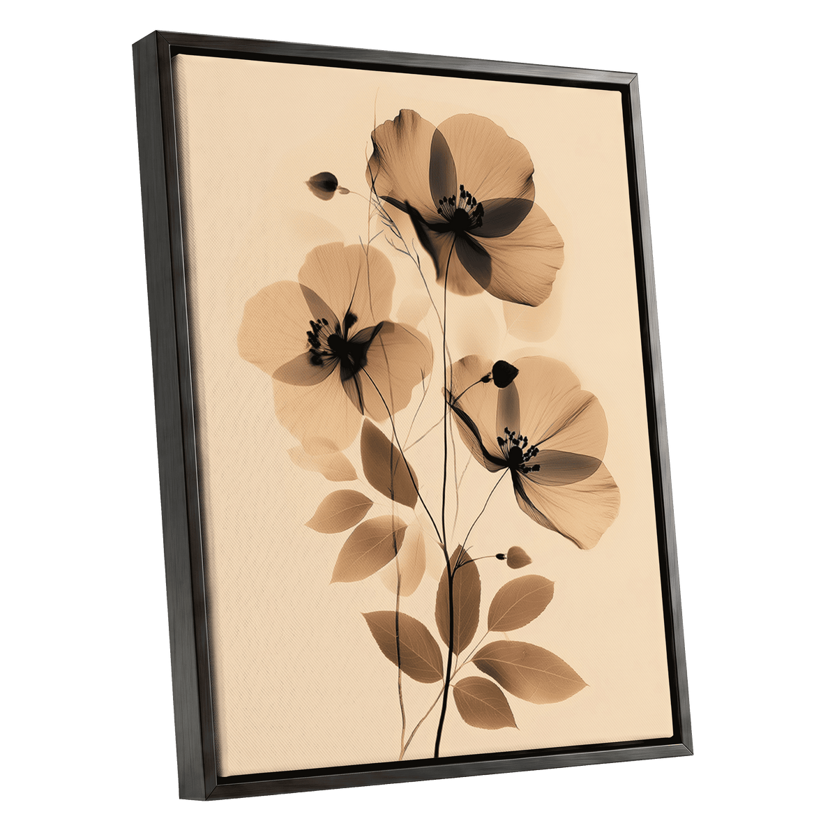 Sepia Petal Reverie, black, beige, brown floral wall art shown as a black framed canvas wall art