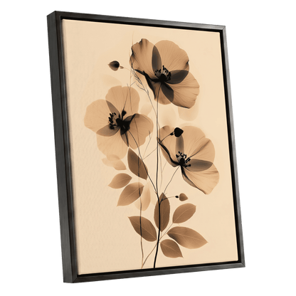 Sepia Petal Reverie, black, beige, brown floral wall art shown as a black framed canvas wall art