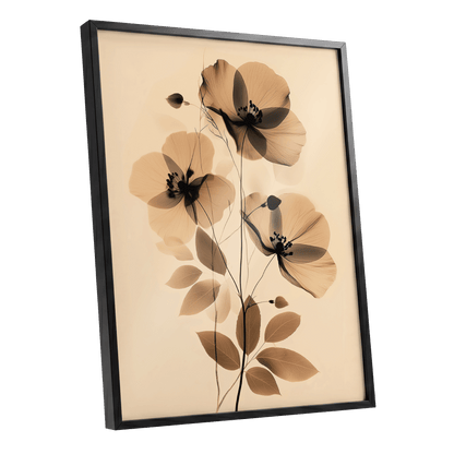 Sepia Petal Reverie, black, beige, brown floral wall art shown as a black framed poster wall art print