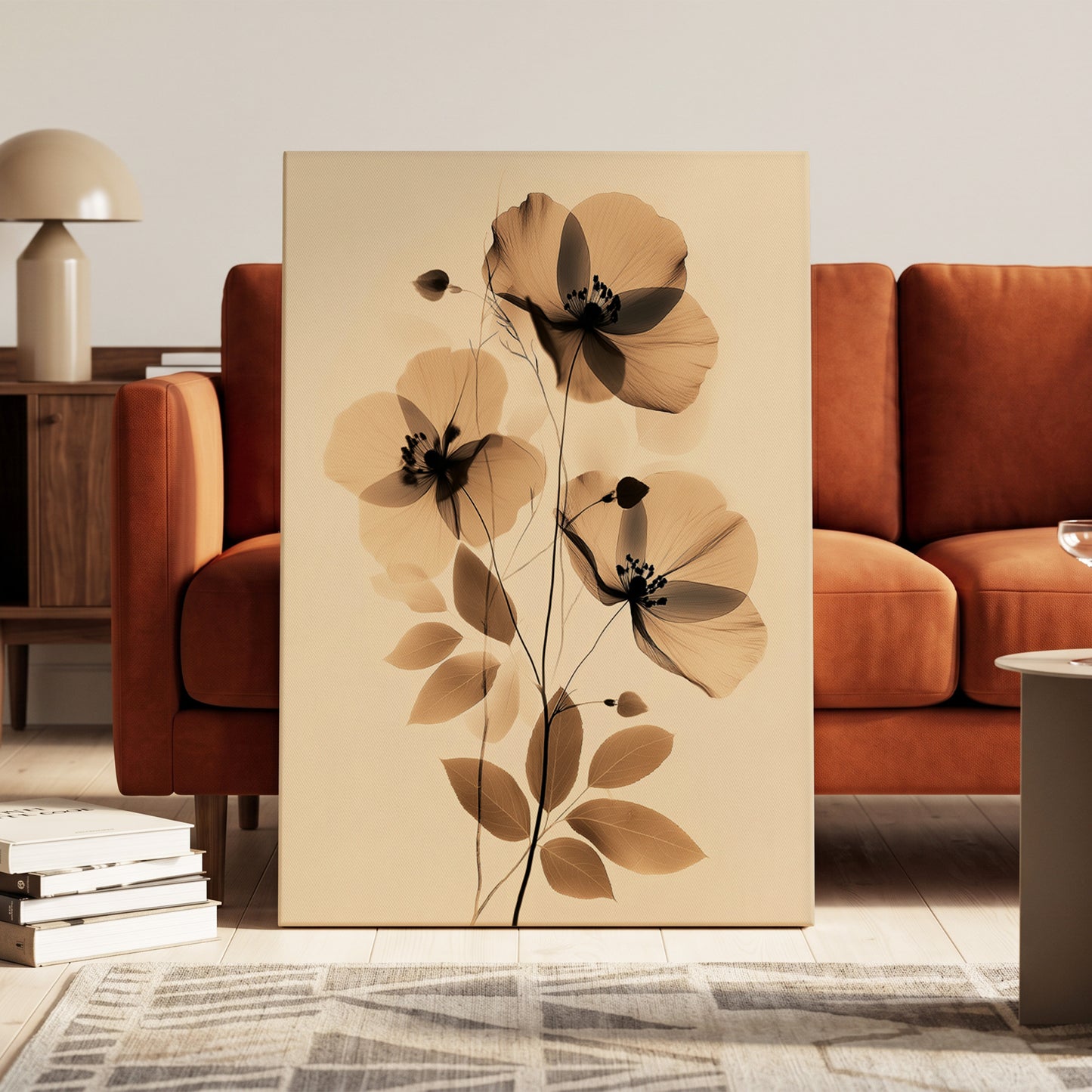 Sepia Petal Reverie, black, beige, brown floral wall art on canvas displayed in a styled interior, gallery view 1