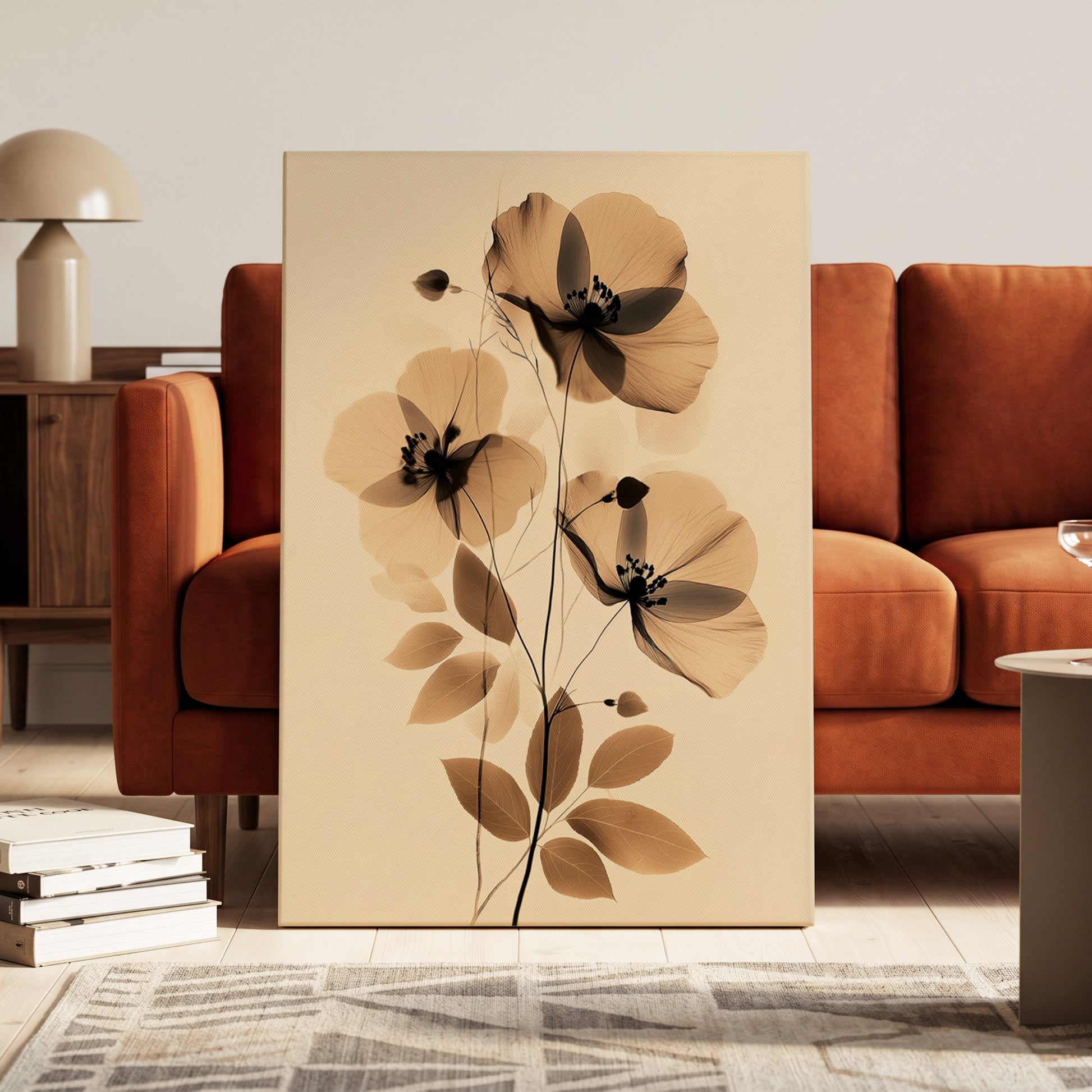 Sepia Petal Reverie, black, beige, brown floral wall art on canvas displayed in a styled interior, gallery view 1