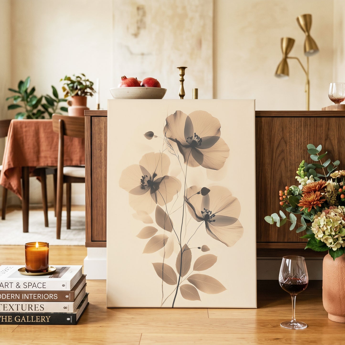 Sepia Petal Reverie, black, beige, brown floral wall art on canvas displayed in a styled interior, gallery view 2