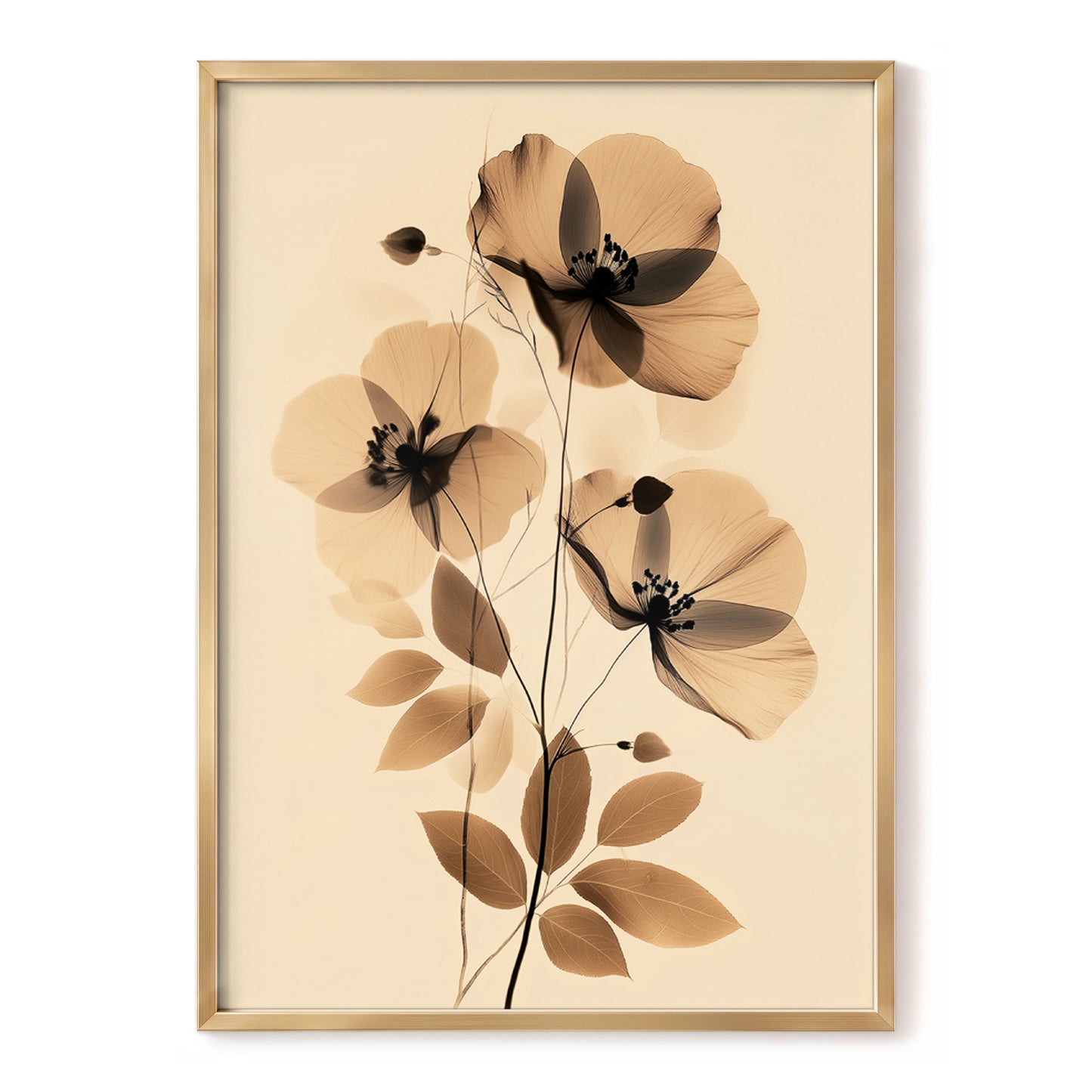 Sepia Petal Reverie, black, beige, brown floral wall art, front artwork view