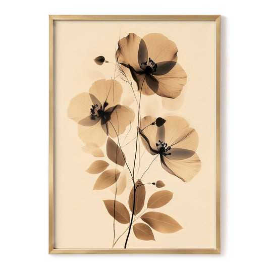 Sepia Petal Reverie, black, beige, brown floral wall art, front artwork view