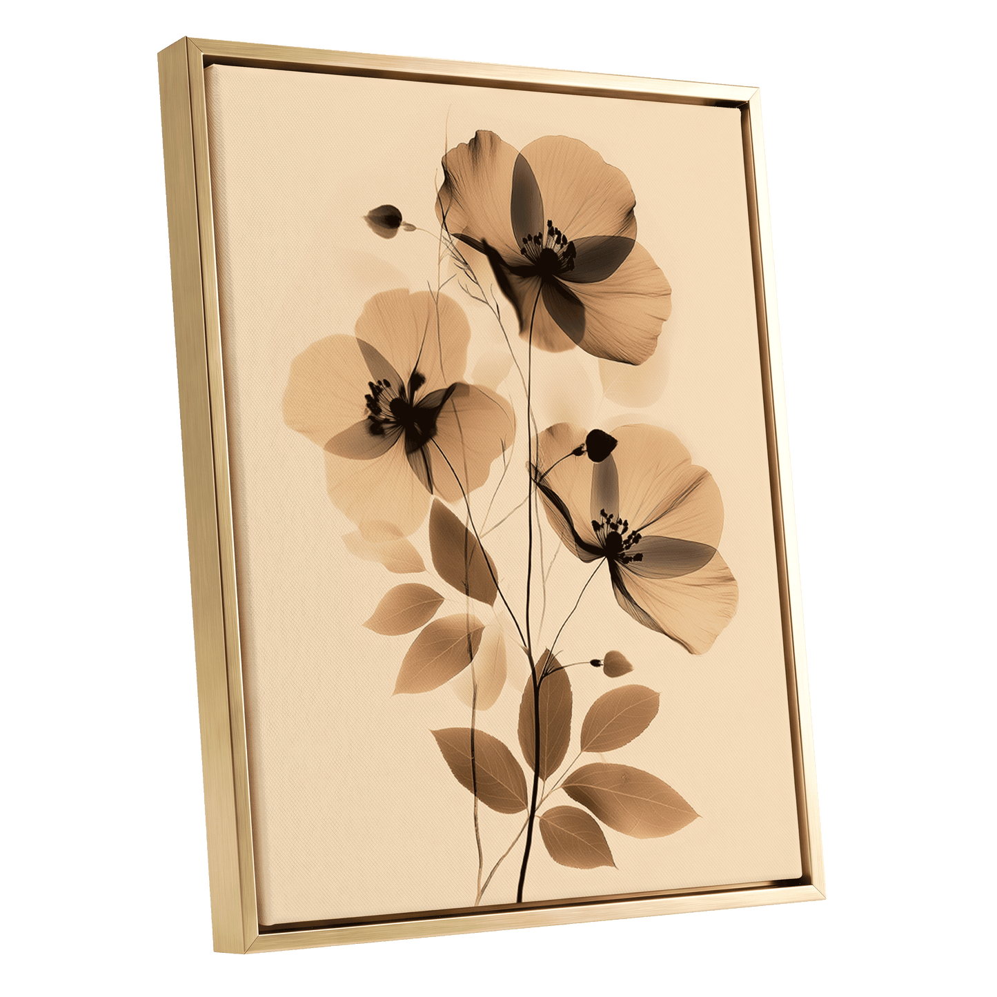 Sepia Petal Reverie, black, beige, brown floral wall art shown as a gold framed canvas wall art