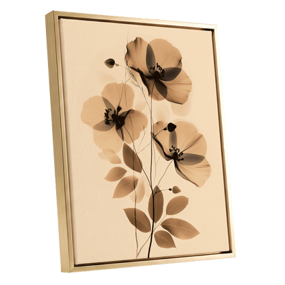 Sepia Petal Reverie, black, beige, brown floral wall art shown as a gold framed canvas wall art