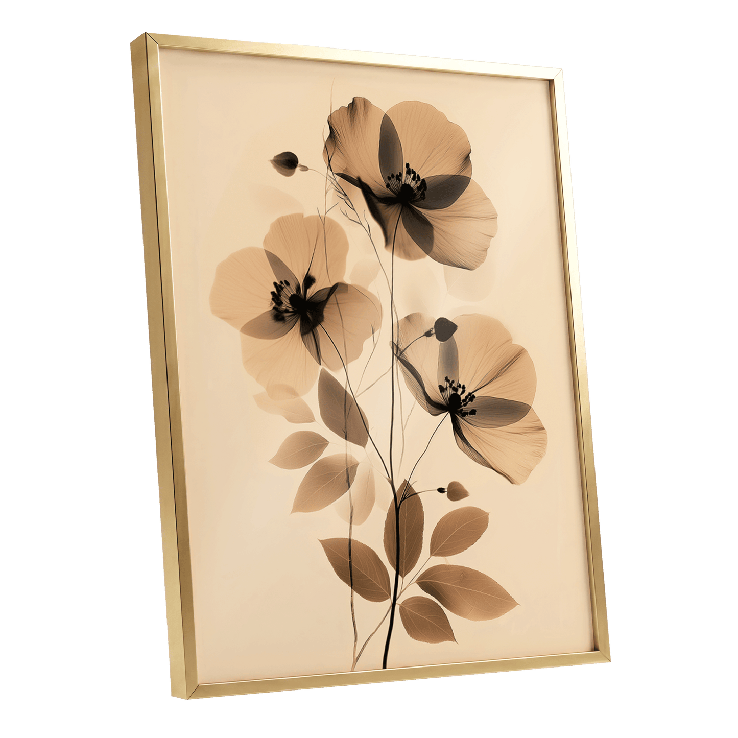 Sepia Petal Reverie, black, beige, brown floral wall art shown as a gold framed poster wall art print