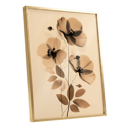 Sepia Petal Reverie, black, beige, brown floral wall art shown as a gold framed poster wall art print