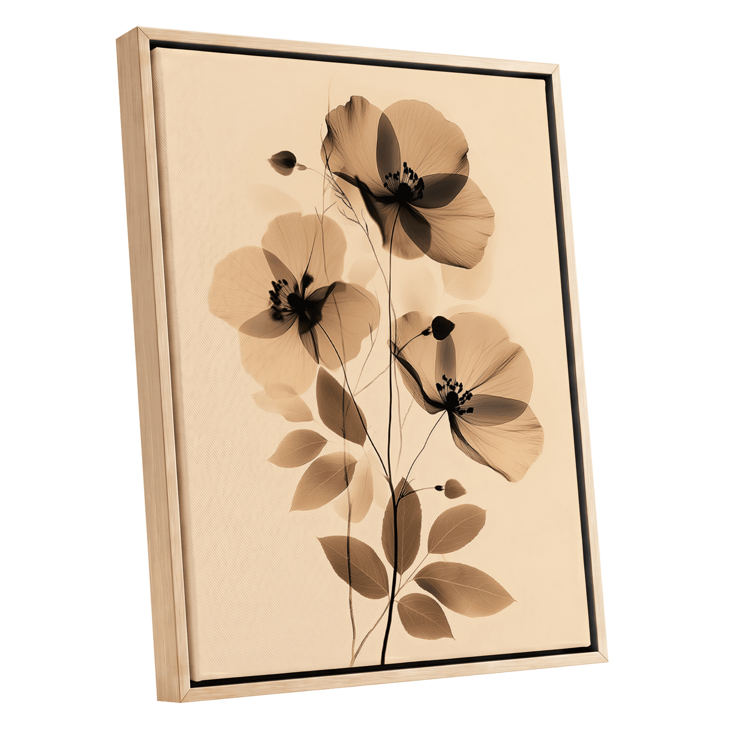 Sepia Petal Reverie, black, beige, brown floral wall art shown as a oak framed canvas wall art